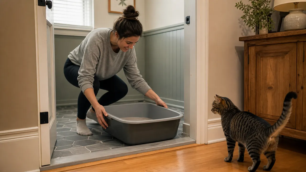 Close-up of a litter box interior showing the correct 2-inch litter depth