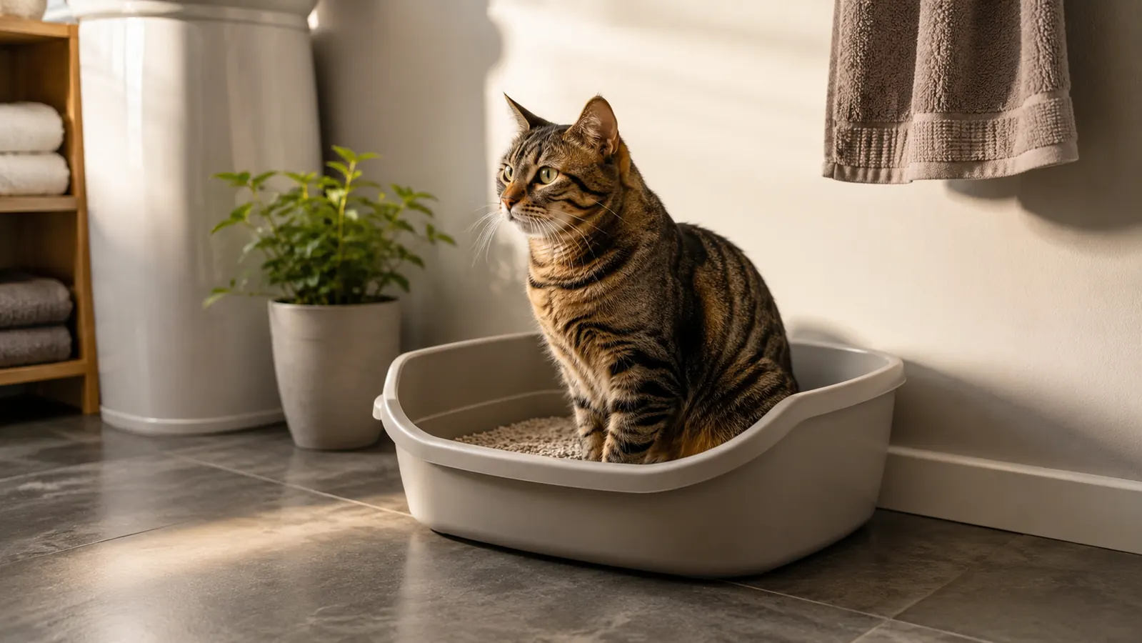 Tabby cat stepping out of a high-sided open litter box placed in a corner of a tiled bathroom