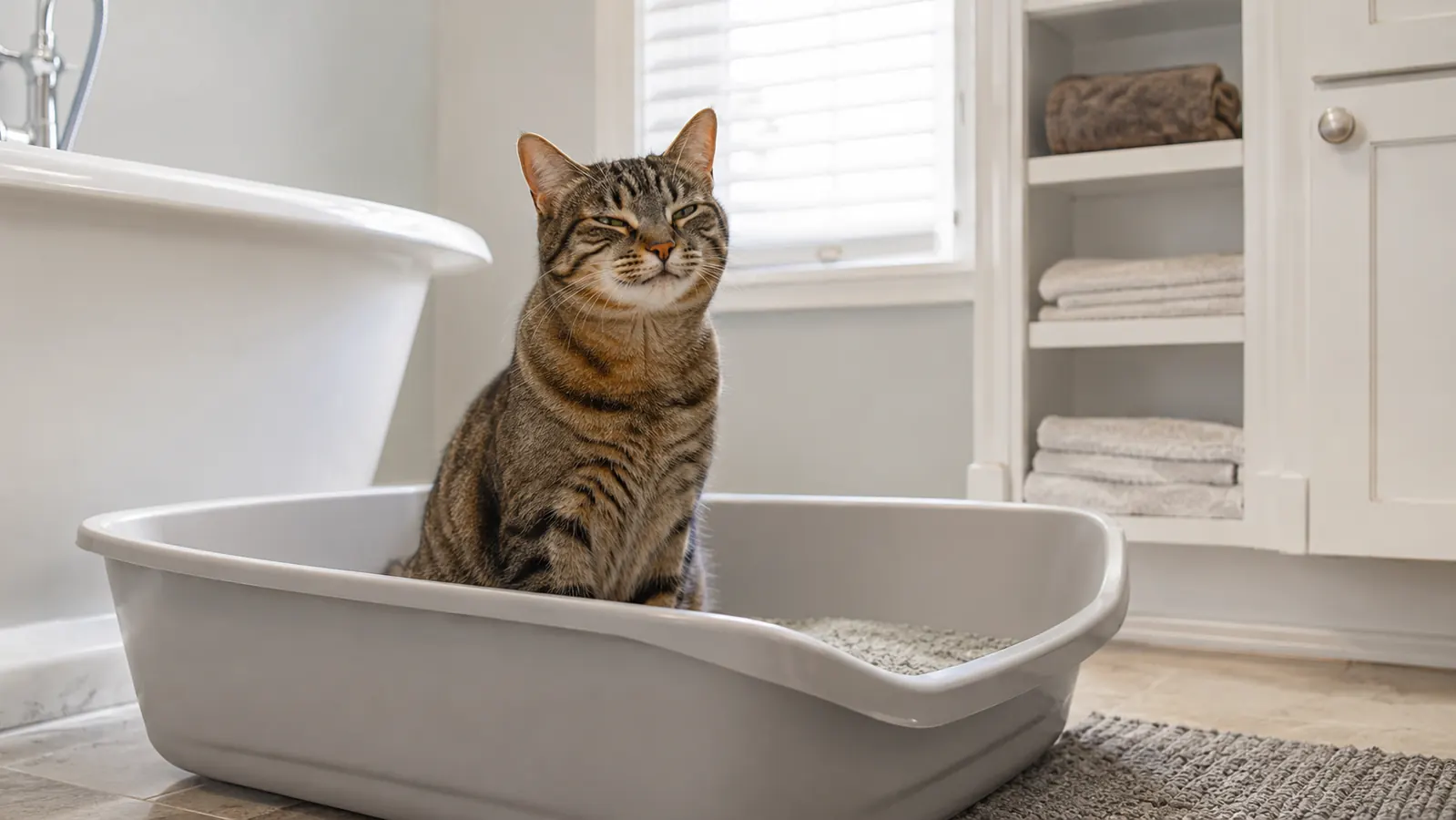 Cat stepping out of an open litter box on a hardwood floor with a small litter mat in front