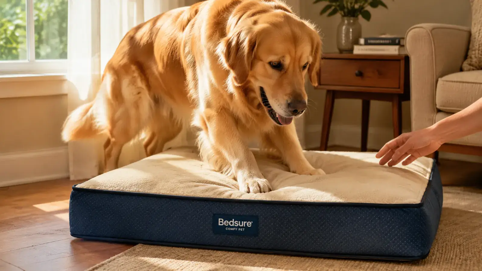 Hand unzipping the cover of the Bedsure dog bed, showing the foam layer inside
