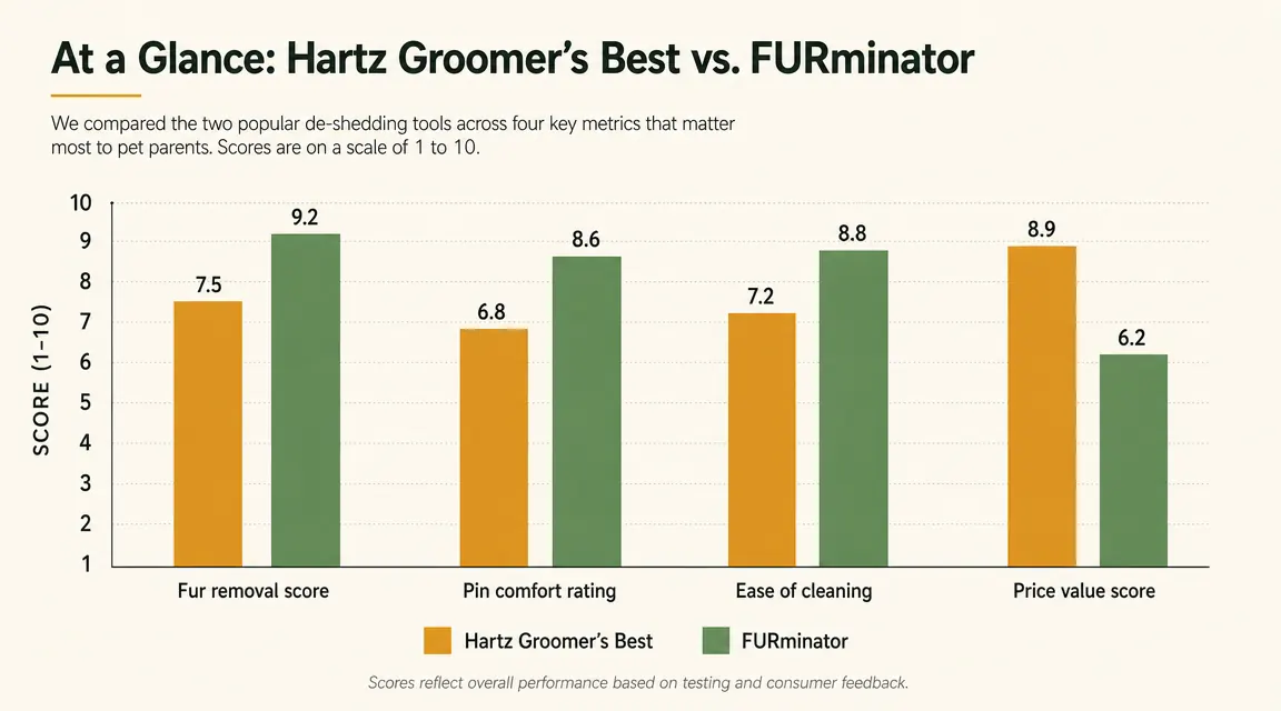 Side-by-side comparison chart showing Hartz slicker brush versus FURminator de-shedding tool specs in a clean table layout