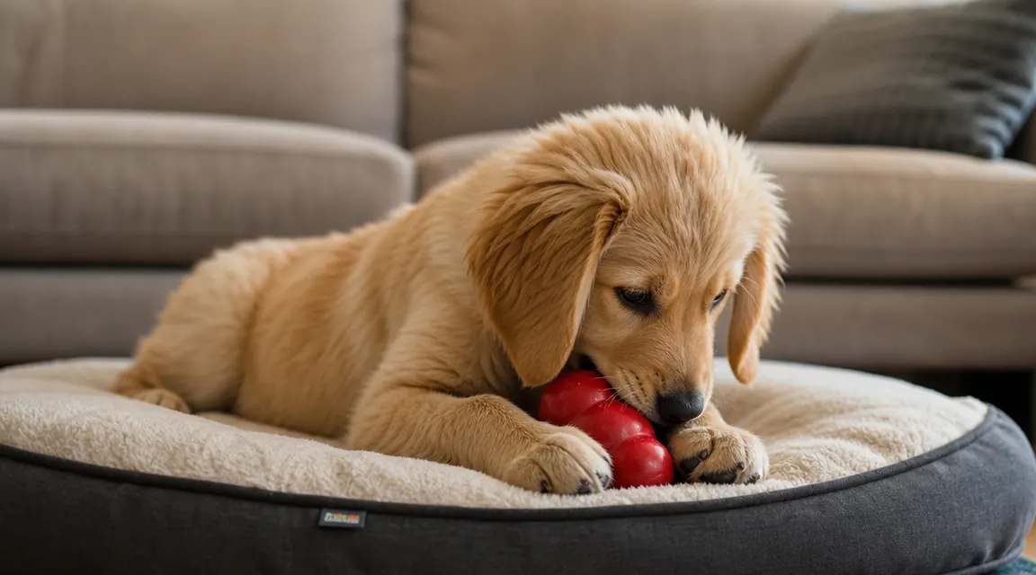 Chewed couch cushion corner beside an intact red KONG toy, illustrating the before and after of puppy redirection