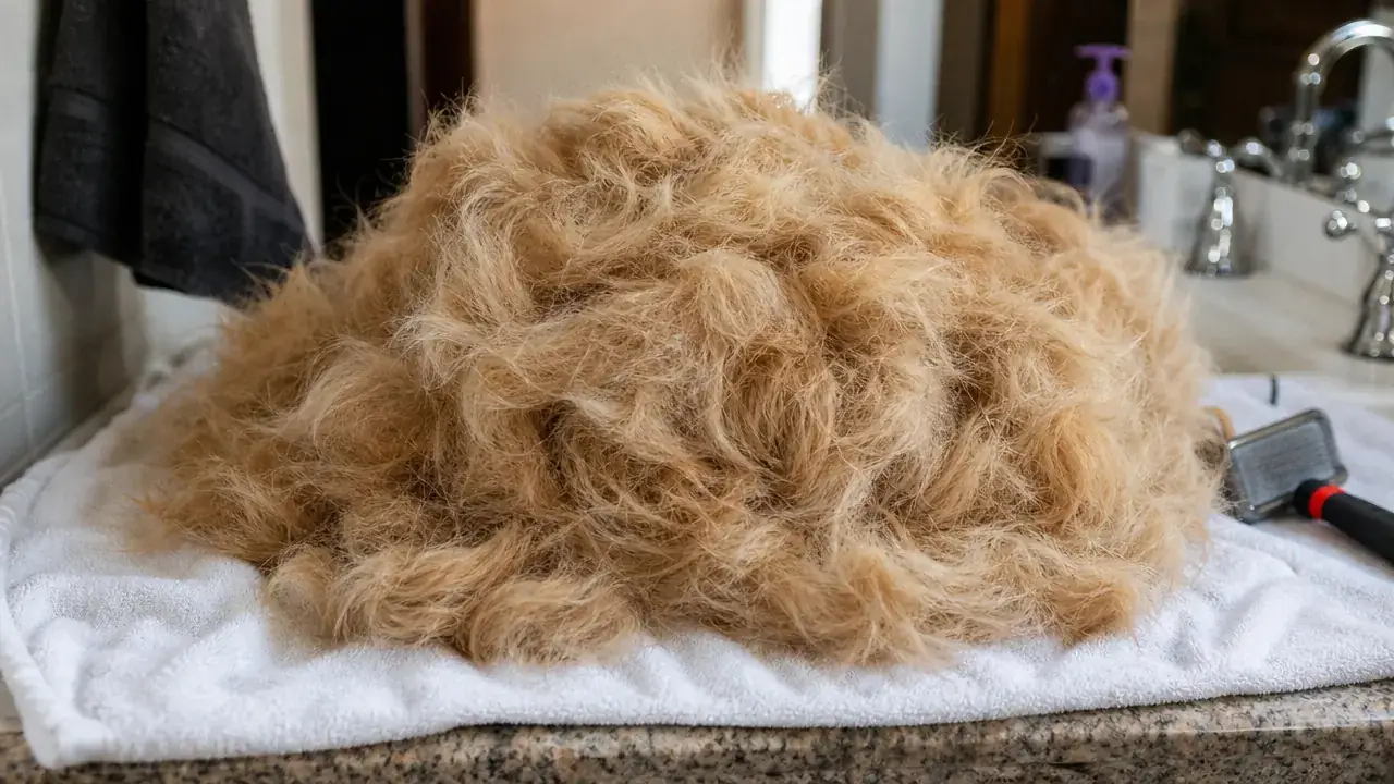 Closeup of a clean pet brush and a nearly hair-free couch cushion side by side