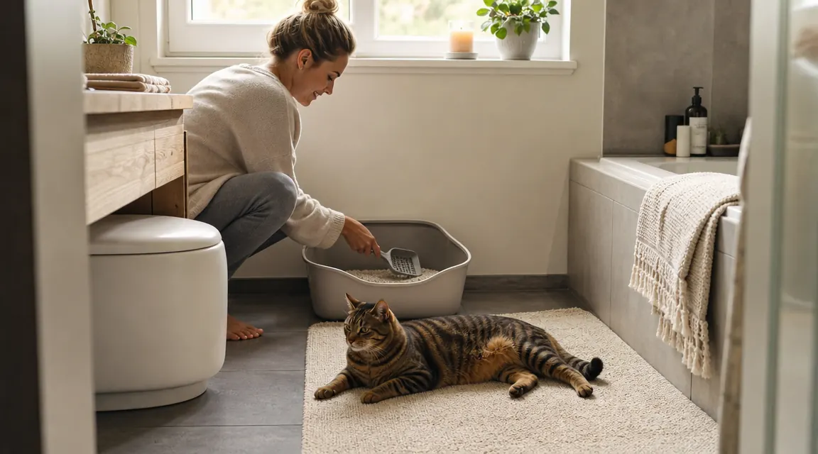Cat stepping out of a litter box in a well-ventilated corner near a small window, looking relaxed