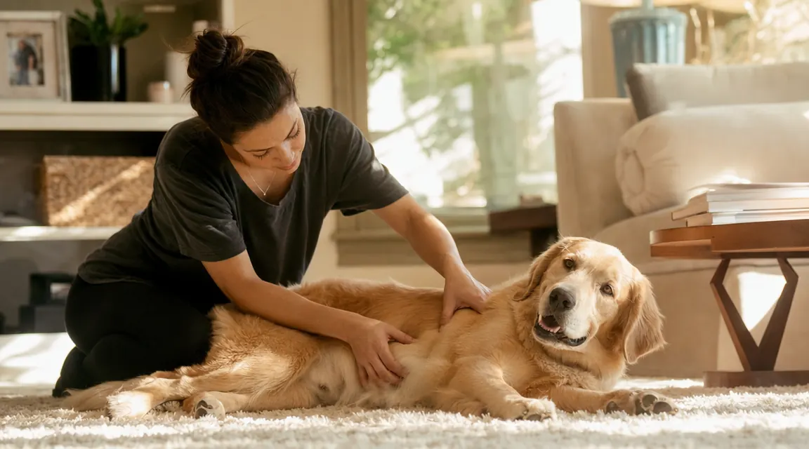 Dog lying on an elevated orthopedic foam bed, positioned off a cold tile floor