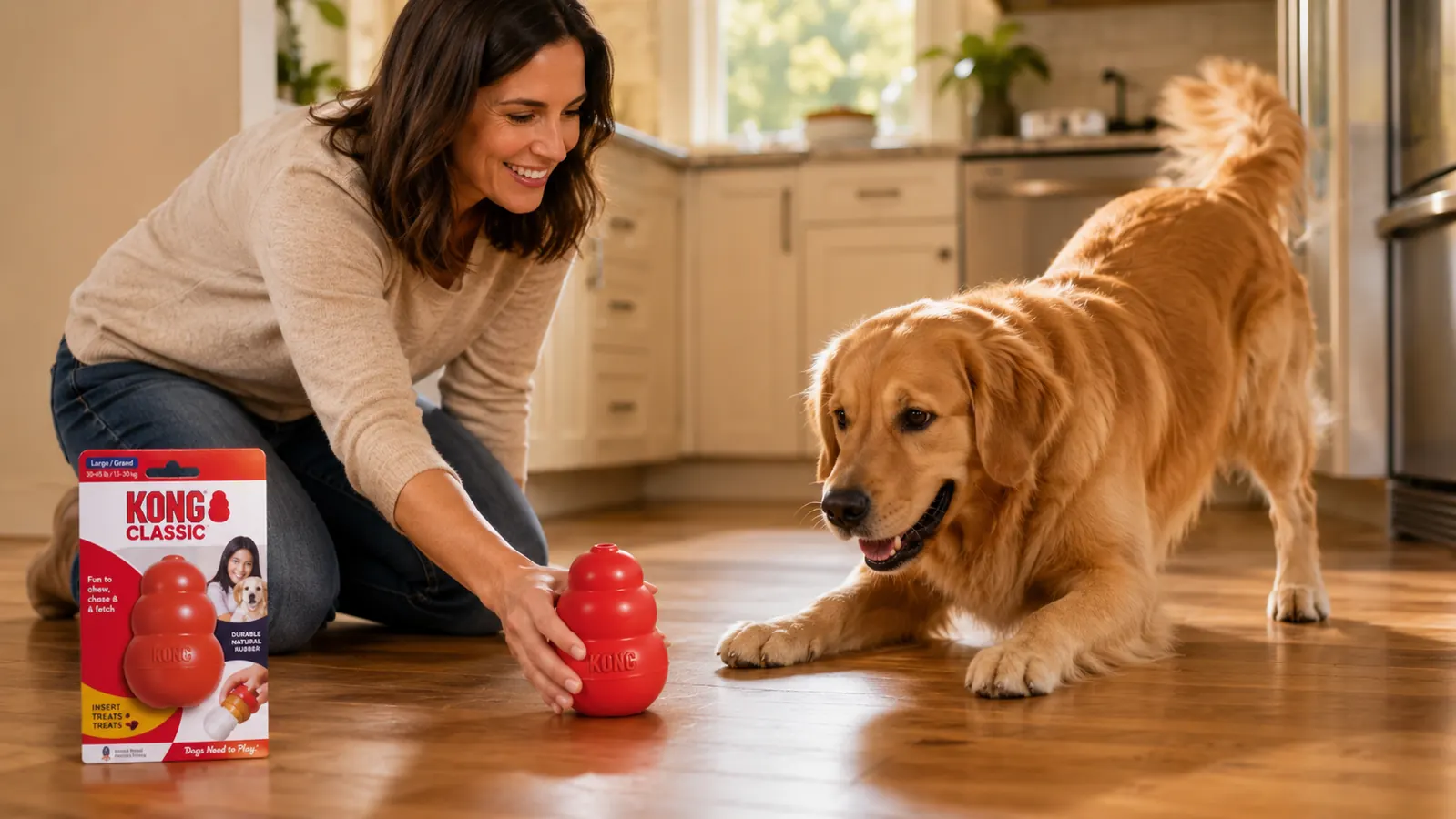 Hands pressing peanut butter into a red KONG toy over a wooden countertop before placing it in a freezer