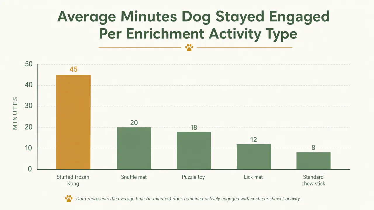Bar chart showing average minutes of solo engagement for four enrichment activities: frozen KONG, sniff scatter game, puzzle feeder, and plain chew toy