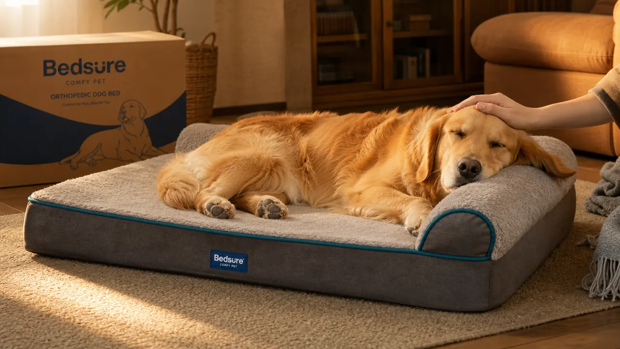 Dog bed cover in a front-loading washing machine showing machine-washable care