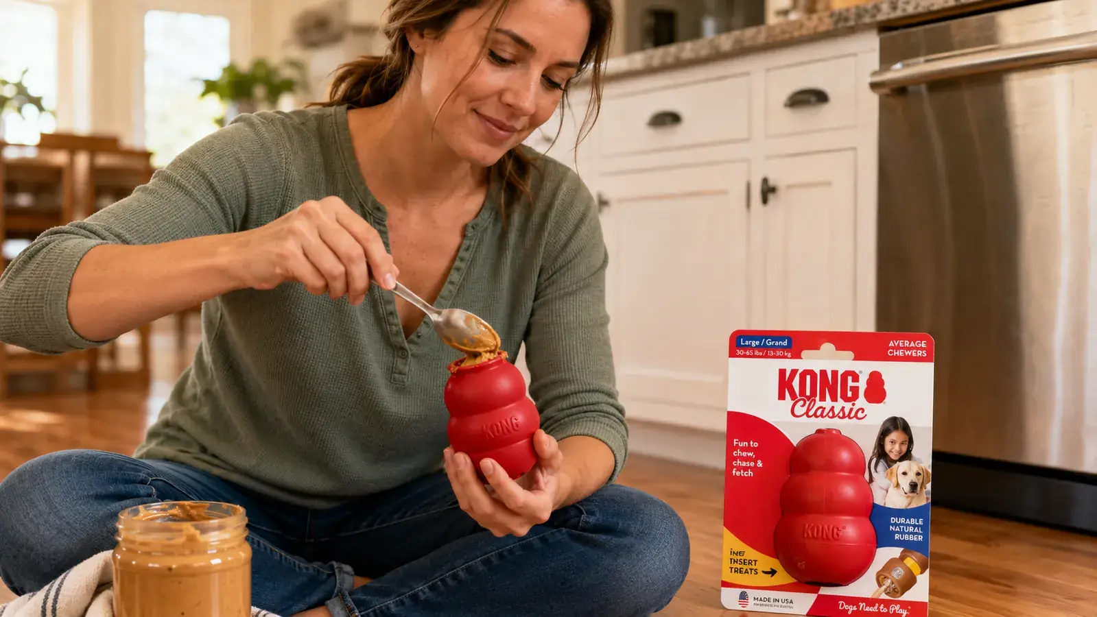 Hands pressing peanut butter into the opening of a red KONG toy over a kitchen counter
