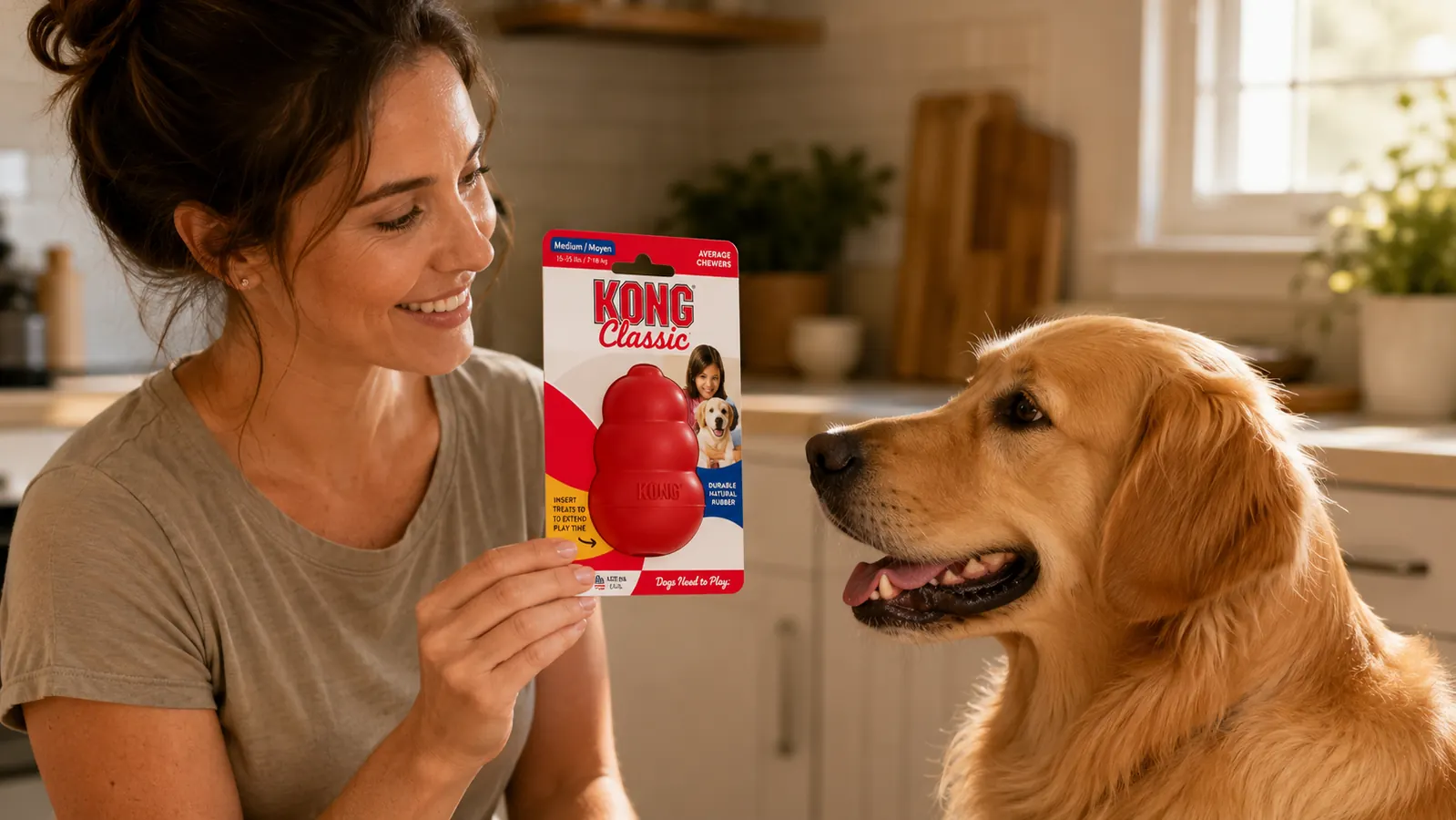 A medium-sized dog lying down chewing on a KONG Classic stuffed with peanut butter