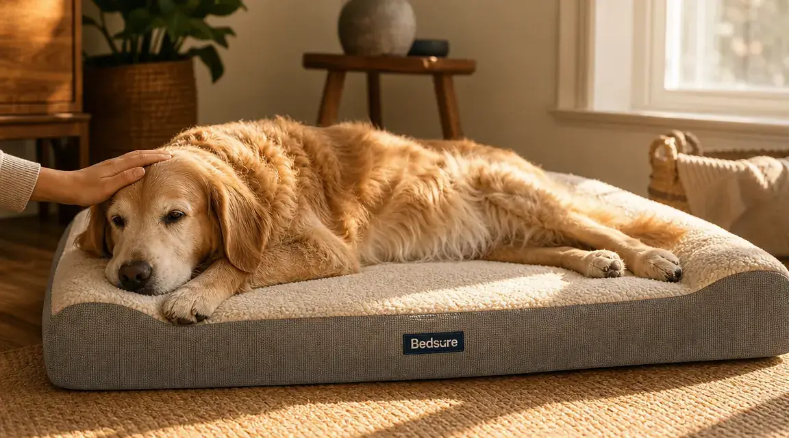 Close-up of a thick orthopedic memory foam dog bed showing foam depth and washable cover