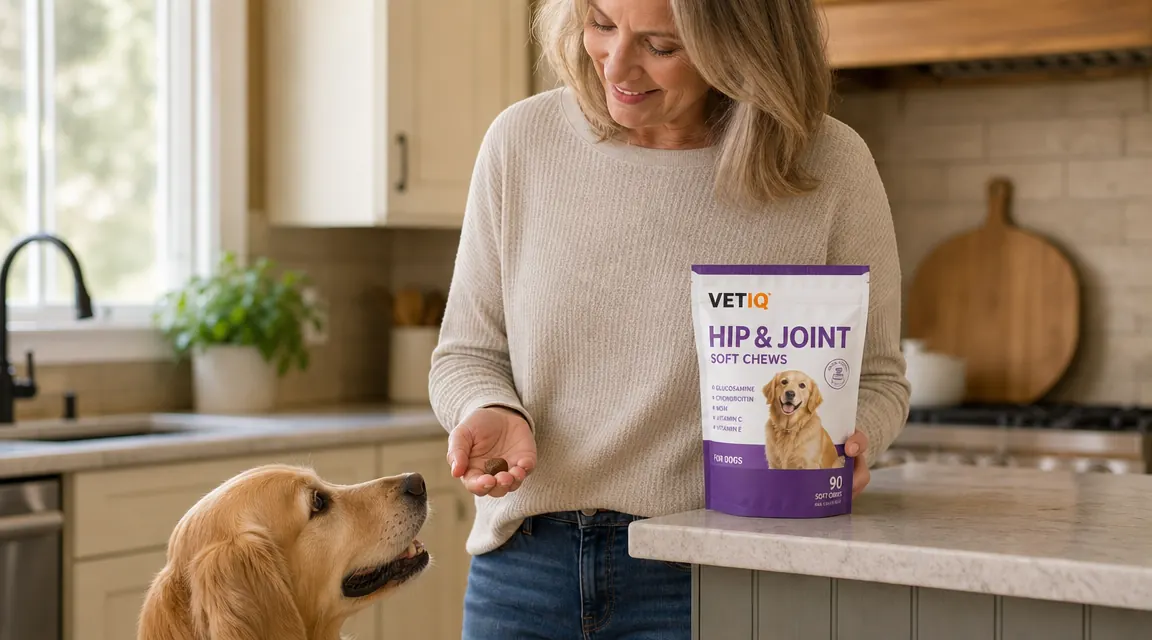 Hand placing a soft chew supplement on top of dry dog food in a ceramic bowl
