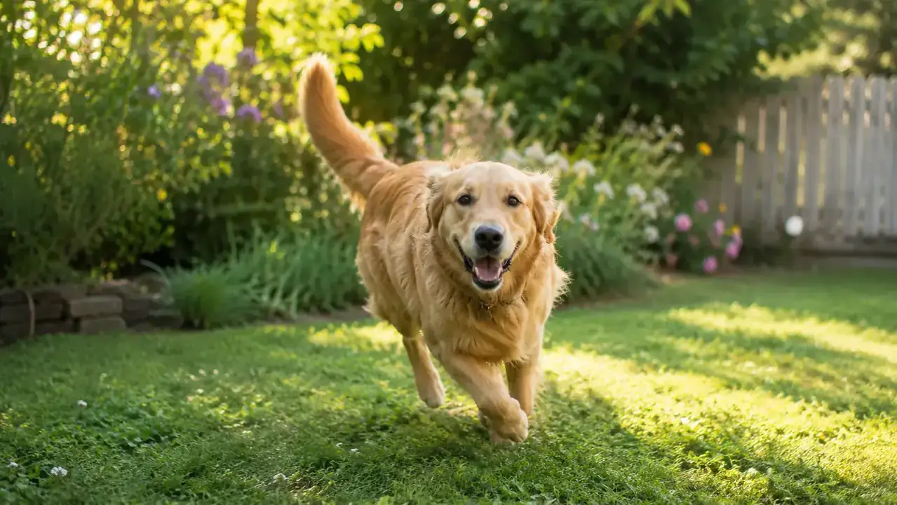 Golden mix dog standing calmly in a sunny yard, owner kneeling beside her with one hand on her hip