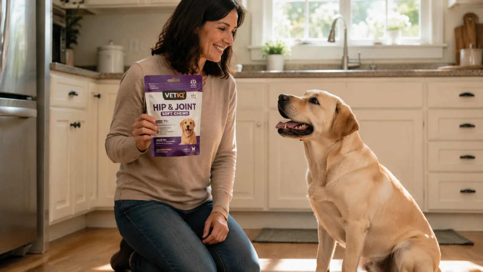 Hand holding a small brown soft chew supplement over a stainless steel dog bowl