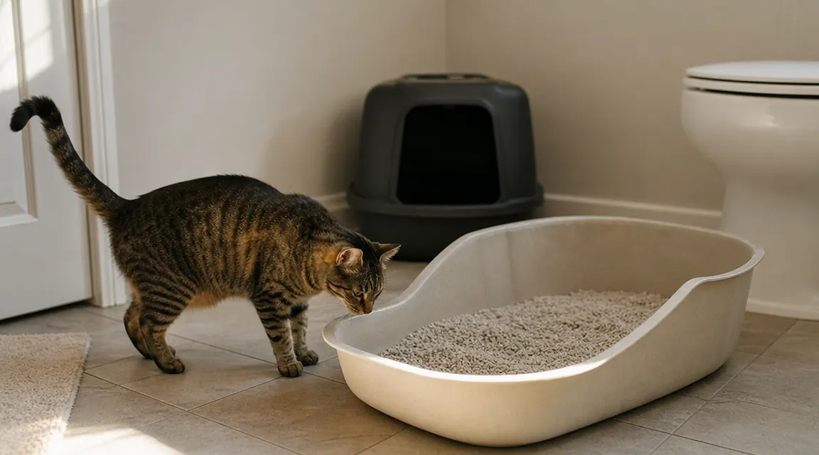 Discarded dome-shaped hooded litter box sitting next to a trash can in a garage
